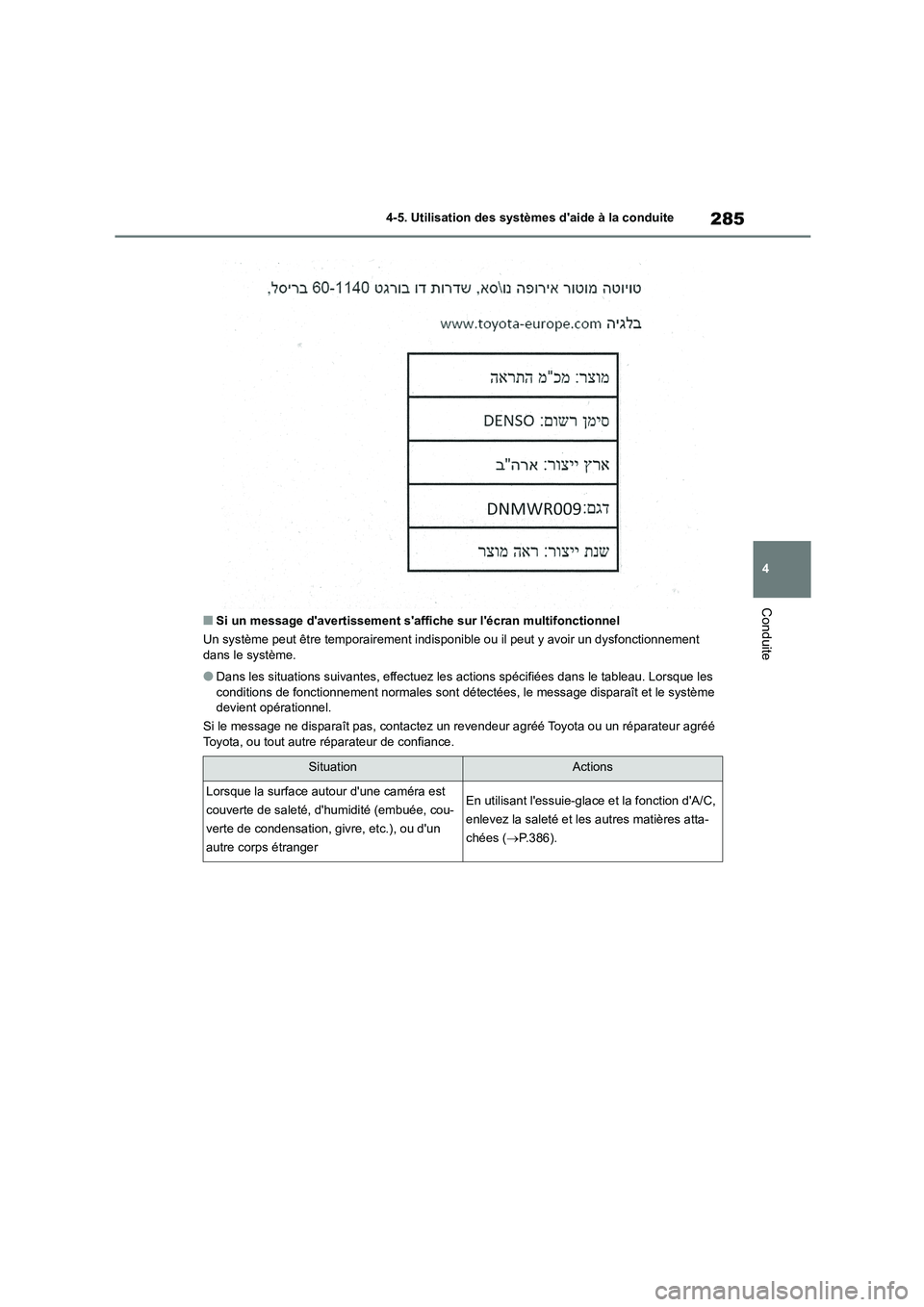 TOYOTA HIGHLANDER 2022  Manuel du propriétaire (in French) 285
4 
4-5. Utilisation des systèmes daide à la conduite
Conduite
■Si un message davertissement saffiche sur lécran multifonctionnel 
Un système peut être temporairement indis ponible ou il