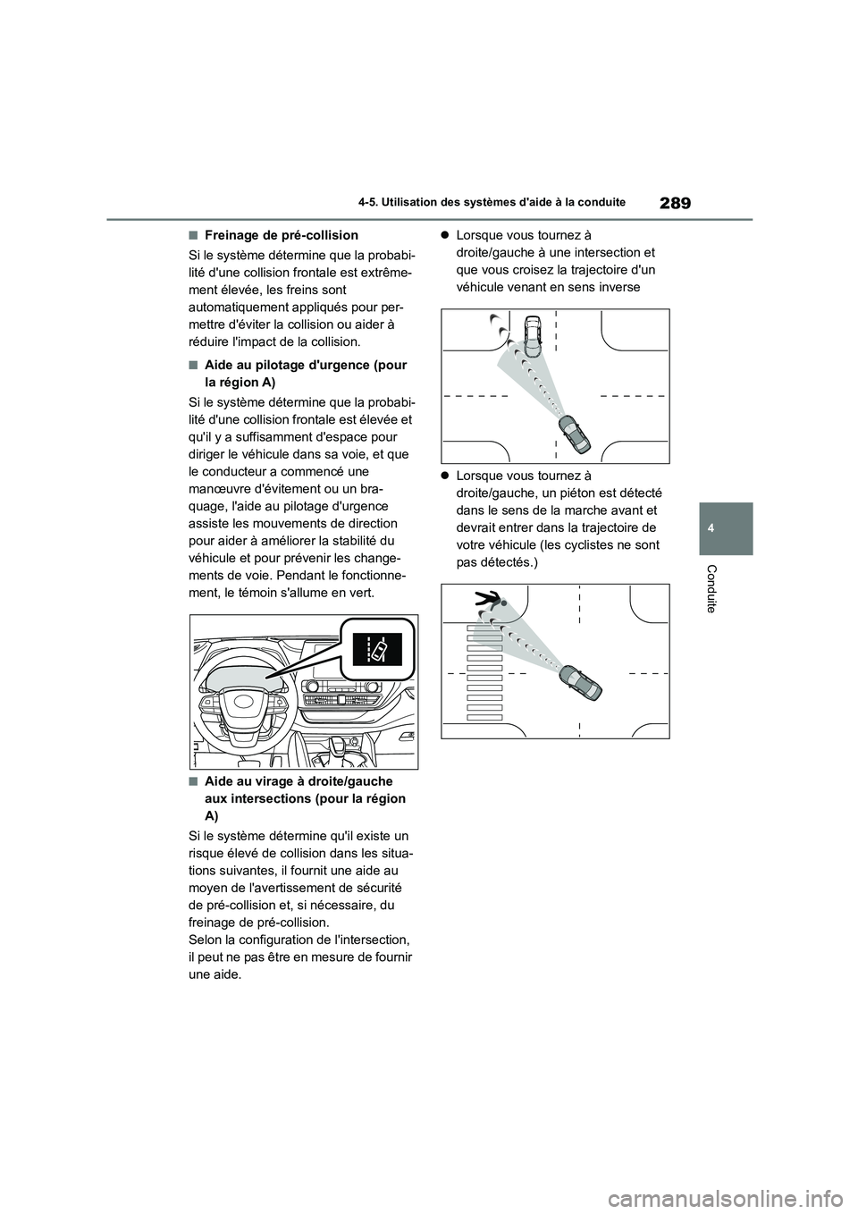 TOYOTA HIGHLANDER 2022 Manuel du propriétaire (in French) 289
4
4-5. Utilisation des systèmes daide à la conduite
Conduite
■Freinage de pré-collision
Si le système détermine que la probabi-
lité dune collision frontale est extrême-
ment élevé TOYOTA HIGHLANDER 2022 Manuel du propriétaire (in French) 289
4
4-5. Utilisation des systèmes daide à la conduite
Conduite
■Freinage de pré-collision
Si le système détermine que la probabi-
lité dune collision frontale est extrême-
ment élevé