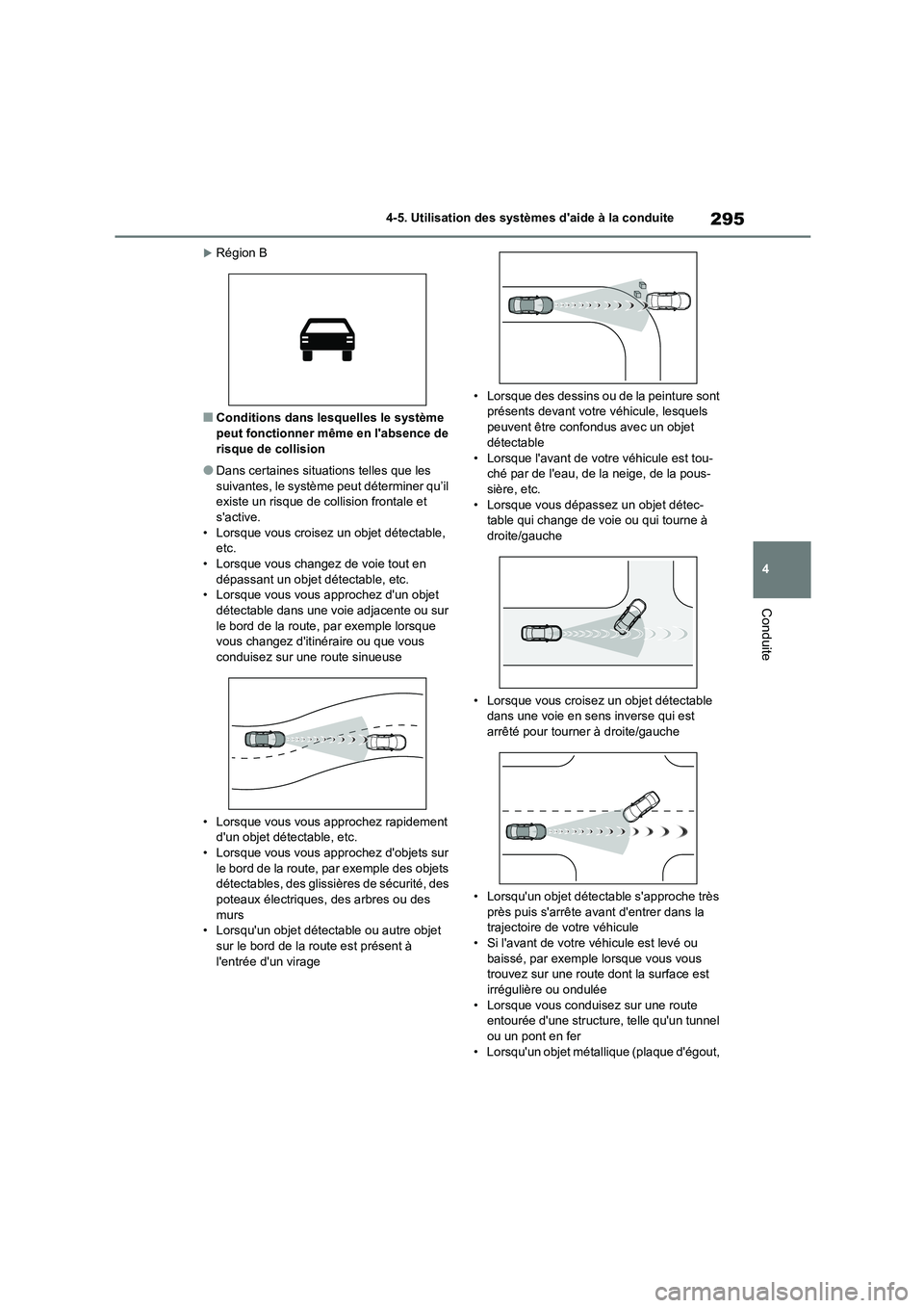 TOYOTA HIGHLANDER 2022 Manuel du propriétaire (in French) 295
4
4-5. Utilisation des systèmes daide à la conduite
Conduite
Région B
■Conditions dans lesquelles le système
peut fonctionner même en labsence de
risque de collision
●Dans certai TOYOTA HIGHLANDER 2022 Manuel du propriétaire (in French) 295
4
4-5. Utilisation des systèmes daide à la conduite
Conduite
Région B
■Conditions dans lesquelles le système
peut fonctionner même en labsence de
risque de collision
●Dans certai