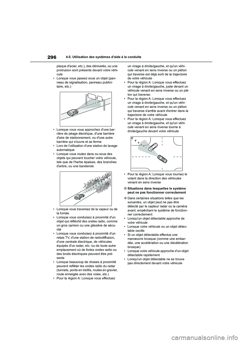 TOYOTA HIGHLANDER 2022 Manuel du propriétaire (in French) 2964-5. Utilisation des systèmes daide à la conduite
plaque dacier, etc.), des dénivelés, ou une protrusion sont présents devant votre véhi-
cule
• Lorsque vous passez sous un objet (pan- TOYOTA HIGHLANDER 2022 Manuel du propriétaire (in French) 2964-5. Utilisation des systèmes daide à la conduite
plaque dacier, etc.), des dénivelés, ou une protrusion sont présents devant votre véhi-
cule
• Lorsque vous passez sous un objet (pan-