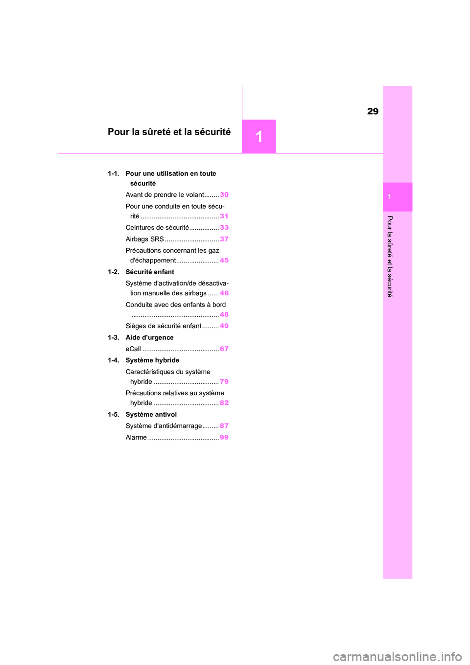 TOYOTA HIGHLANDER 2022 Manuel du propriétaire (in French) 1
29
Pour la sûreté et la sécurité
1
Pour la sûreté et la sécurité
.1-1. Pour une utilisation en toute
sécurité
Avant de prendre le volant........ 30
Pour une conduite en toute sécu-
r TOYOTA HIGHLANDER 2022 Manuel du propriétaire (in French) 1
29
Pour la sûreté et la sécurité
1
Pour la sûreté et la sécurité
.1-1. Pour une utilisation en toute
sécurité
Avant de prendre le volant........ 30
Pour une conduite en toute sécu-
r