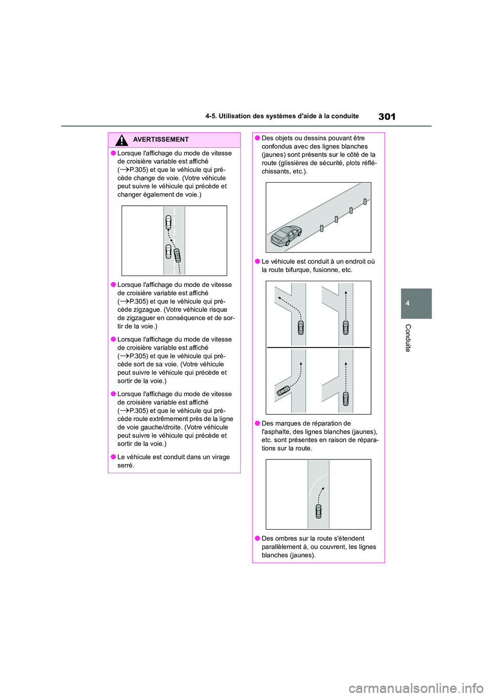 TOYOTA HIGHLANDER 2022 Manuel du propriétaire (in French) 301
4
4-5. Utilisation des systèmes daide à la conduite
Conduite
AVERTISSEMENT
●Lorsque laffichage du mode de vitesse
de croisière variable est affiché
(P.305) et que le véhicule qui p TOYOTA HIGHLANDER 2022 Manuel du propriétaire (in French) 301
4
4-5. Utilisation des systèmes daide à la conduite
Conduite
AVERTISSEMENT
●Lorsque laffichage du mode de vitesse
de croisière variable est affiché
(P.305) et que le véhicule qui p
