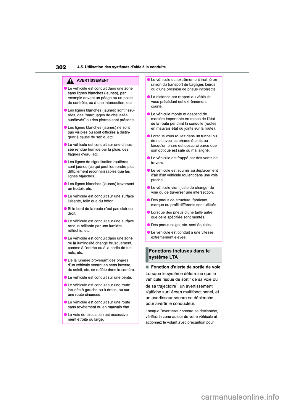 TOYOTA HIGHLANDER 2022 Manuel du propriétaire (in French) 3024-5. Utilisation des systèmes daide à la conduite
■Fonction dalerte de sortie de voie
Lorsque le système détermine que le
véhicule risque de sortir de sa voie ou
de sa trajectoire*, u TOYOTA HIGHLANDER 2022 Manuel du propriétaire (in French) 3024-5. Utilisation des systèmes daide à la conduite
■Fonction dalerte de sortie de voie
Lorsque le système détermine que le
véhicule risque de sortir de sa voie ou
de sa trajectoire*, u