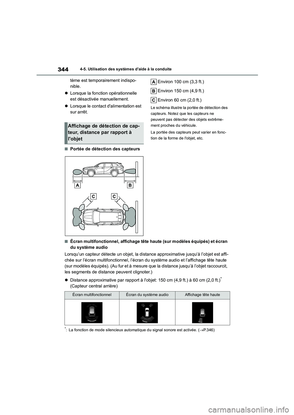TOYOTA HIGHLANDER 2022 Manuel du propriétaire (in French) 3444-5. Utilisation des systèmes daide à la conduite
tème est temporairement indispo-
nible.
Lorsque la fonction opérationnelle
est désactivée manuellement.
Lorsque le contact dal TOYOTA HIGHLANDER 2022 Manuel du propriétaire (in French) 3444-5. Utilisation des systèmes daide à la conduite
tème est temporairement indispo-
nible.
Lorsque la fonction opérationnelle
est désactivée manuellement.
Lorsque le contact dal