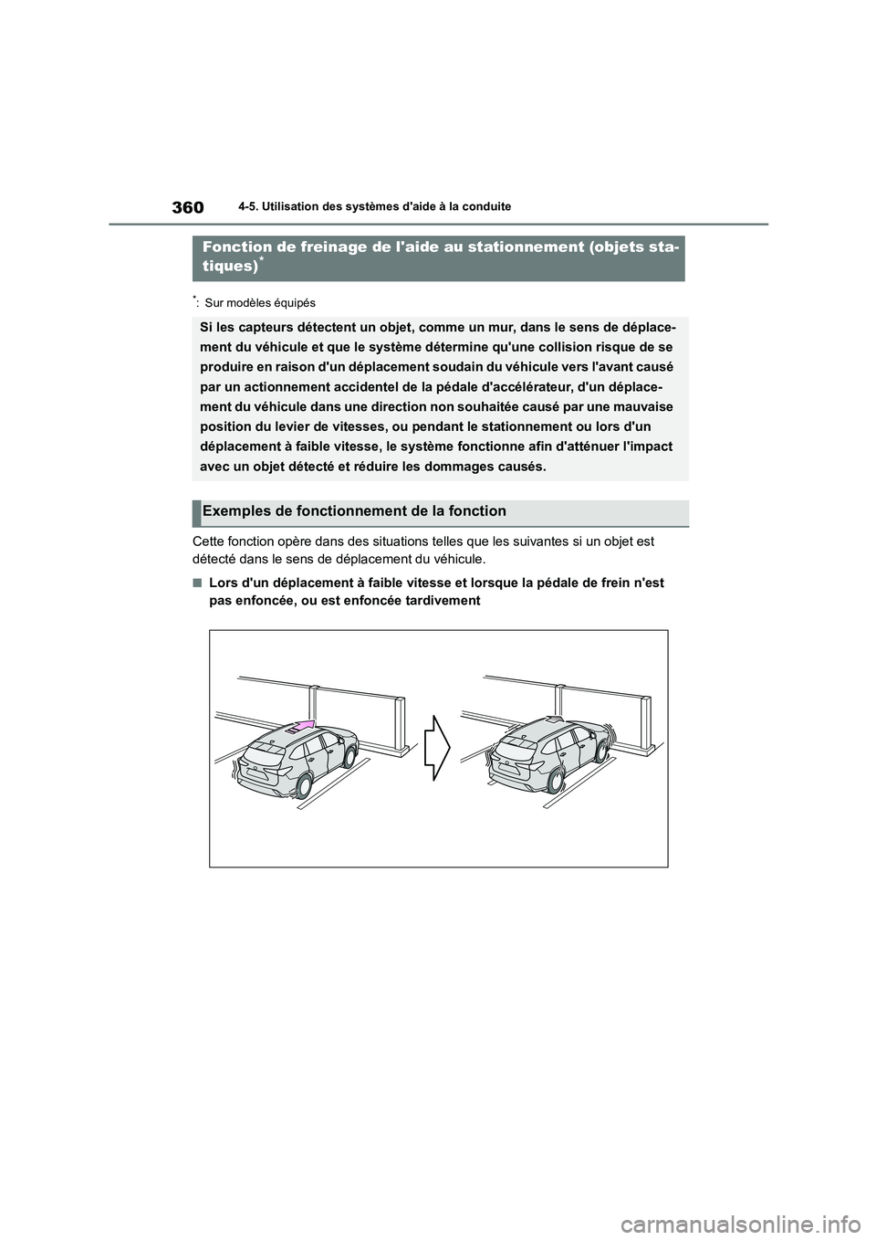 TOYOTA HIGHLANDER 2022 Manuel du propriétaire (in French) 3604-5. Utilisation des systèmes daide à la conduite
*: Sur modèles équipés
Cette fonction opère dans des situations telles que les suivantes si un objet est
détecté dans le sens de déplac TOYOTA HIGHLANDER 2022 Manuel du propriétaire (in French) 3604-5. Utilisation des systèmes daide à la conduite
*: Sur modèles équipés
Cette fonction opère dans des situations telles que les suivantes si un objet est
détecté dans le sens de déplac