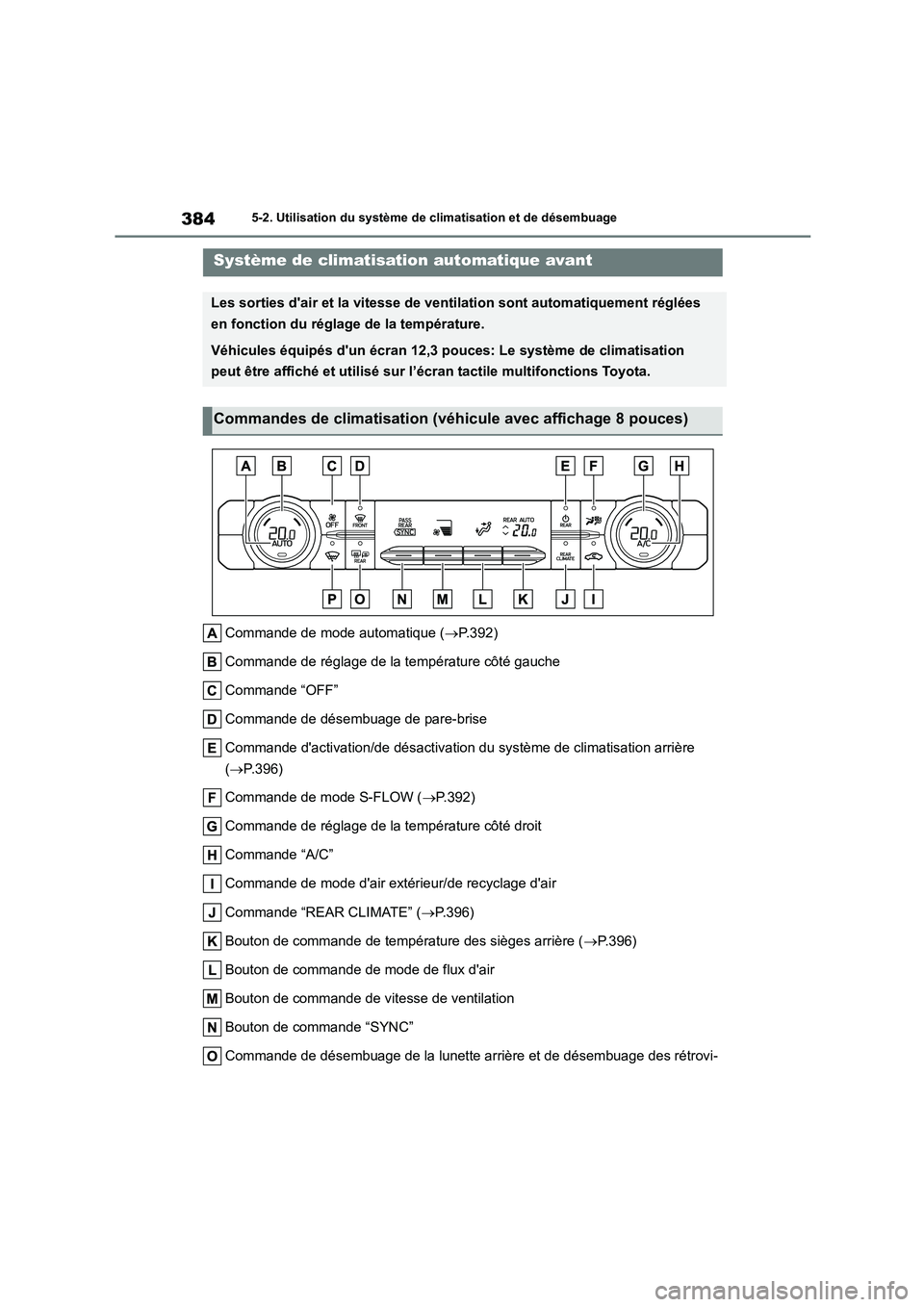 TOYOTA HIGHLANDER 2022 Manuel du propriétaire (in French) 3845-2. Utilisation du système de climatisation et de désembuage
5-2.Utilisation du système de climatisation et de désembuage
Commande de mode automatique (P.392)
Commande de réglage de la te TOYOTA HIGHLANDER 2022 Manuel du propriétaire (in French) 3845-2. Utilisation du système de climatisation et de désembuage
5-2.Utilisation du système de climatisation et de désembuage
Commande de mode automatique (P.392)
Commande de réglage de la te