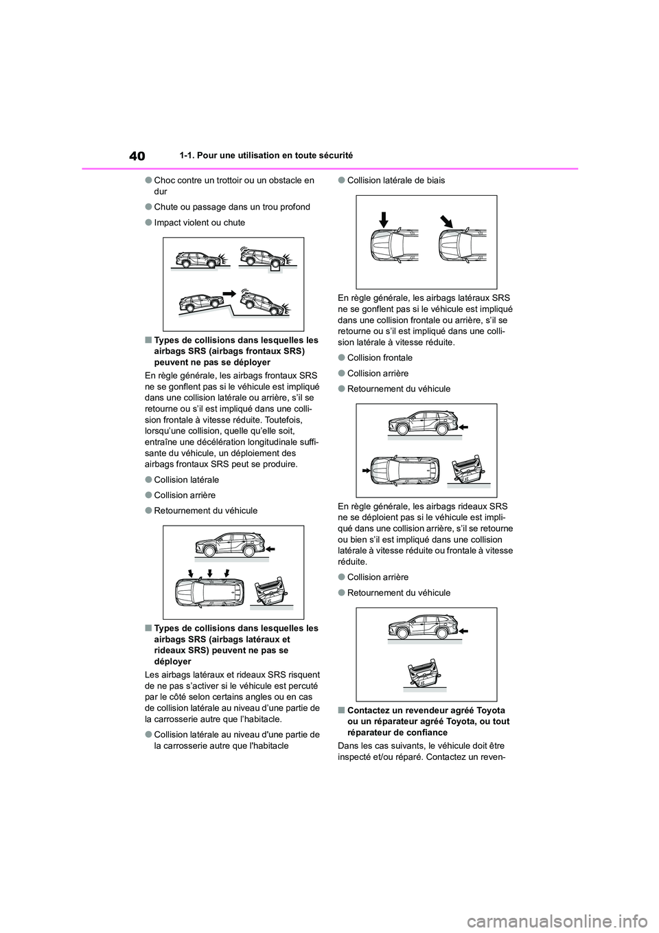 TOYOTA HIGHLANDER 2022 Manuel du propriétaire (in French) 401-1. Pour une utilisation en toute sécurité
●Choc contre un trottoir ou un obstacle en dur
●Chute ou passage dans un trou profond
●Impact violent ou chute
■Types de collisions dans lesque TOYOTA HIGHLANDER 2022 Manuel du propriétaire (in French) 401-1. Pour une utilisation en toute sécurité
●Choc contre un trottoir ou un obstacle en dur
●Chute ou passage dans un trou profond
●Impact violent ou chute
■Types de collisions dans lesque