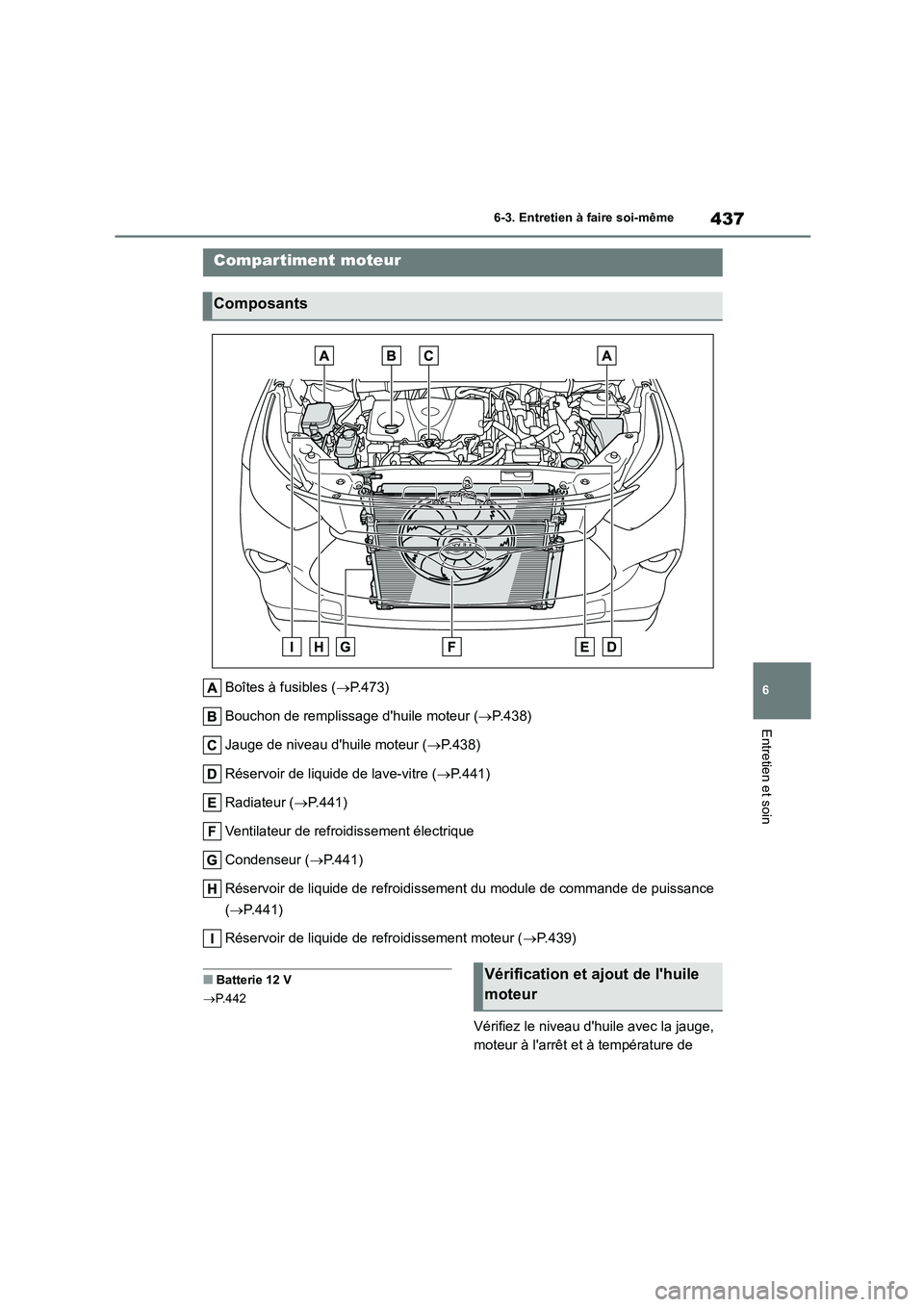 TOYOTA HIGHLANDER 2022 Manuel du propriétaire (in French) 437
6
6-3. Entretien à faire soi-même
Entretien et soin
Boîtes à fusibles ( P.473)
Bouchon de remplissage dhuile moteur ( P.438)
Jauge de niveau dhuile moteur ( P.438)
Réservoir de TOYOTA HIGHLANDER 2022 Manuel du propriétaire (in French) 437
6
6-3. Entretien à faire soi-même
Entretien et soin
Boîtes à fusibles ( P.473)
Bouchon de remplissage dhuile moteur ( P.438)
Jauge de niveau dhuile moteur ( P.438)
Réservoir de
