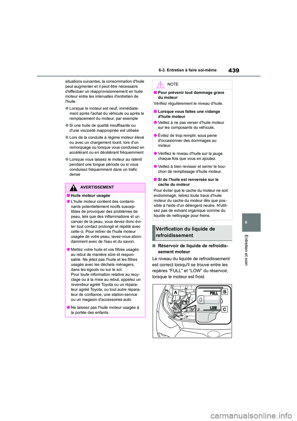 TOYOTA HIGHLANDER 2022 Manuel du propriétaire (in French) 439
6
6-3. Entretien à faire soi-même
Entretien et soin
situations suivantes, la consommation dhuile peut augmenter et il peut être nécessaire
deffectuer un réapprovisionnement en huile
m TOYOTA HIGHLANDER 2022 Manuel du propriétaire (in French) 439
6
6-3. Entretien à faire soi-même
Entretien et soin
situations suivantes, la consommation dhuile peut augmenter et il peut être nécessaire
deffectuer un réapprovisionnement en huile
m