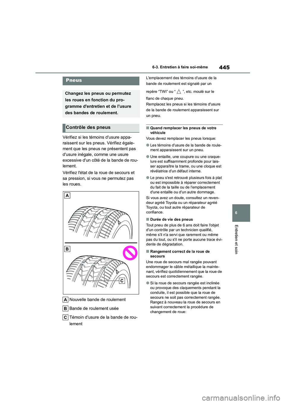 TOYOTA HIGHLANDER 2022 Manuel du propriétaire (in French) 445
6
6-3. Entretien à faire soi-même
Entretien et soin
Vérifiez si les témoins dusure appa-
raissent sur les pneus. Vérifiez égale-
ment que les pneus ne présentent pas
dusure inégale, c TOYOTA HIGHLANDER 2022 Manuel du propriétaire (in French) 445
6
6-3. Entretien à faire soi-même
Entretien et soin
Vérifiez si les témoins dusure appa-
raissent sur les pneus. Vérifiez égale-
ment que les pneus ne présentent pas
dusure inégale, c