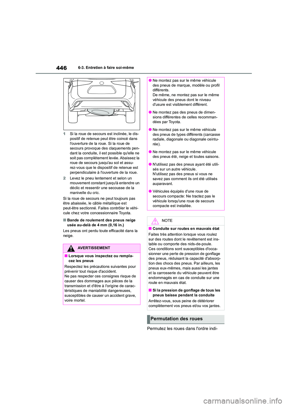 TOYOTA HIGHLANDER 2022 Manuel du propriétaire (in French) 4466-3. Entretien à faire soi-même
1 Si la roue de secours est inclinée, le dis- positif de retenue peut être coincé dans
louverture de la roue. Si la roue de
secours provoque des claquement TOYOTA HIGHLANDER 2022 Manuel du propriétaire (in French) 4466-3. Entretien à faire soi-même
1 Si la roue de secours est inclinée, le dis- positif de retenue peut être coincé dans
louverture de la roue. Si la roue de
secours provoque des claquement