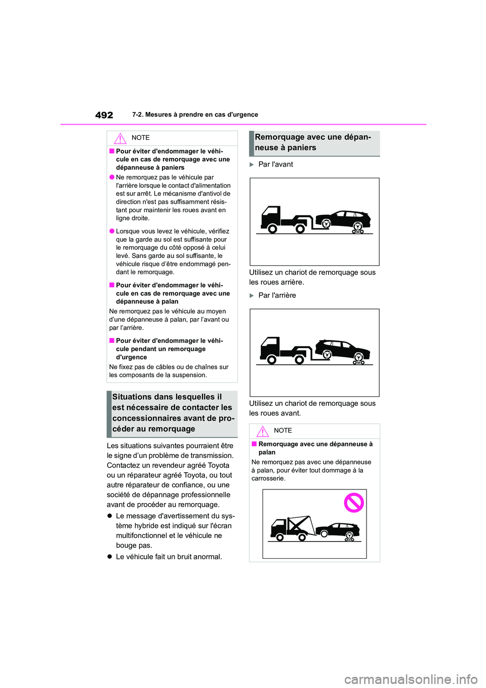 TOYOTA HIGHLANDER 2022 Manuel du propriétaire (in French) 4927-2. Mesures à prendre en cas durgence
Les situations suivantes pourraient être
le signe d’un problème de transmission.
Contactez un revendeur agréé Toyota
ou un réparateur agréé Toy TOYOTA HIGHLANDER 2022 Manuel du propriétaire (in French) 4927-2. Mesures à prendre en cas durgence
Les situations suivantes pourraient être
le signe d’un problème de transmission.
Contactez un revendeur agréé Toyota
ou un réparateur agréé Toy