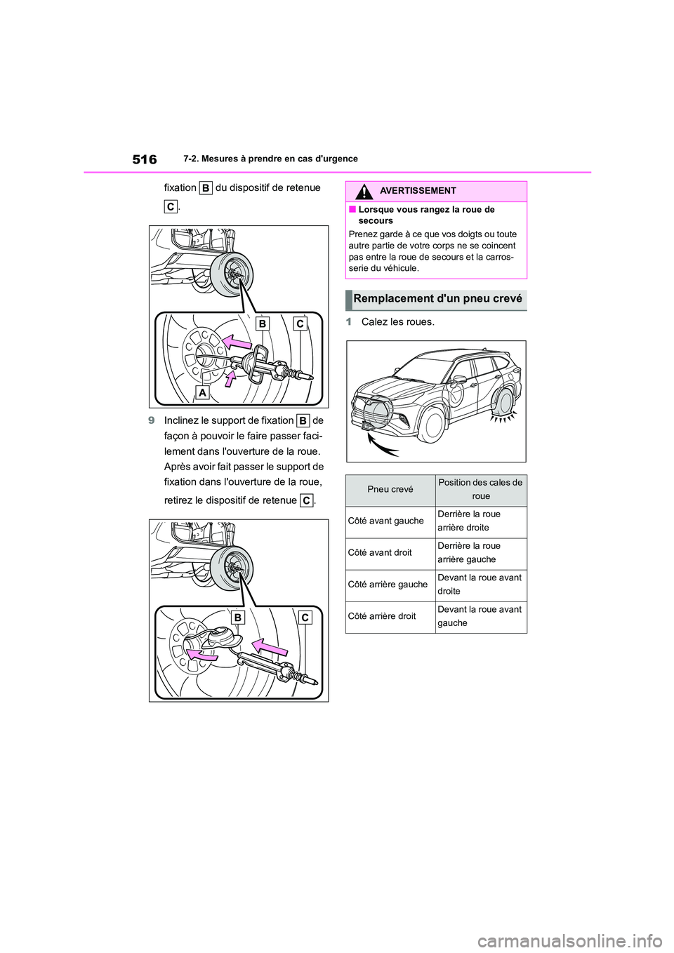 TOYOTA HIGHLANDER 2022 Manuel du propriétaire (in French) 5167-2. Mesures à prendre en cas durgence
fixation du dispositif de retenue
.
9 Inclinez le support de fixation de
façon à pouvoir le faire passer faci-
lement dans louverture de la rou TOYOTA HIGHLANDER 2022 Manuel du propriétaire (in French) 5167-2. Mesures à prendre en cas durgence
fixation du dispositif de retenue
.
9 Inclinez le support de fixation de
façon à pouvoir le faire passer faci-
lement dans louverture de la rou