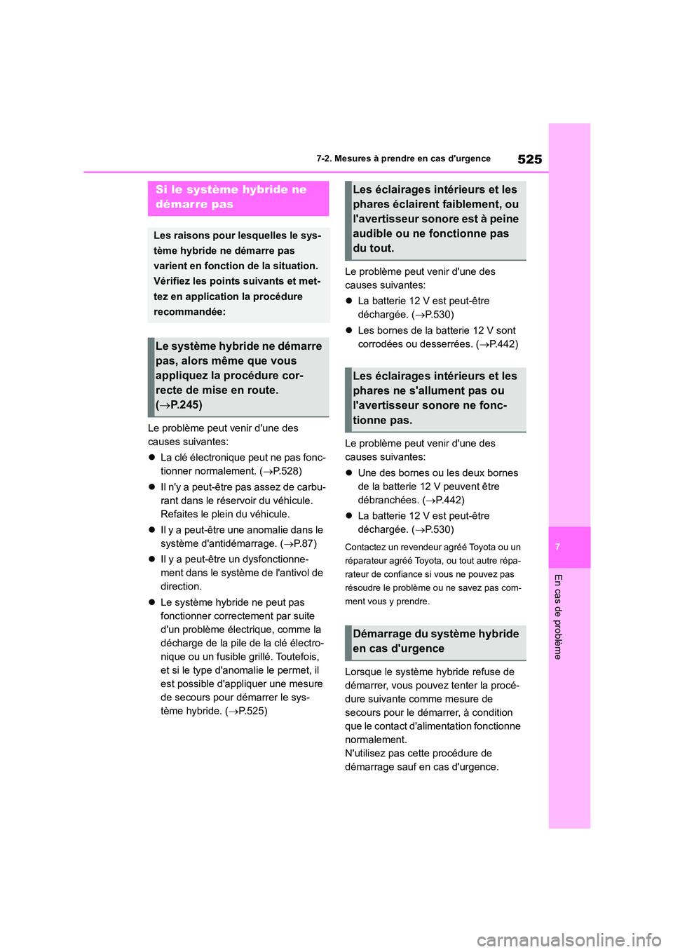 TOYOTA HIGHLANDER 2022 Manuel du propriétaire (in French) 525
7
7-2. Mesures à prendre en cas durgence
En cas de problème
Le problème peut venir dune des
causes suivantes:
La clé électronique peut ne pas fonc-
tionner normalement. ( P.528) TOYOTA HIGHLANDER 2022 Manuel du propriétaire (in French) 525
7
7-2. Mesures à prendre en cas durgence
En cas de problème
Le problème peut venir dune des
causes suivantes:
La clé électronique peut ne pas fonc-
tionner normalement. ( P.528)