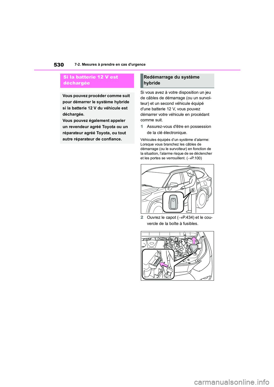 TOYOTA HIGHLANDER 2022 Manuel du propriétaire (in French) 5307-2. Mesures à prendre en cas durgence
Si vous avez à votre disposition un jeu
de câbles de démarrage (ou un survol-
teur) et un second véhicule équipé
dune batterie 12 V, vous pouvez
TOYOTA HIGHLANDER 2022 Manuel du propriétaire (in French) 5307-2. Mesures à prendre en cas durgence
Si vous avez à votre disposition un jeu
de câbles de démarrage (ou un survol-
teur) et un second véhicule équipé
dune batterie 12 V, vous pouvez