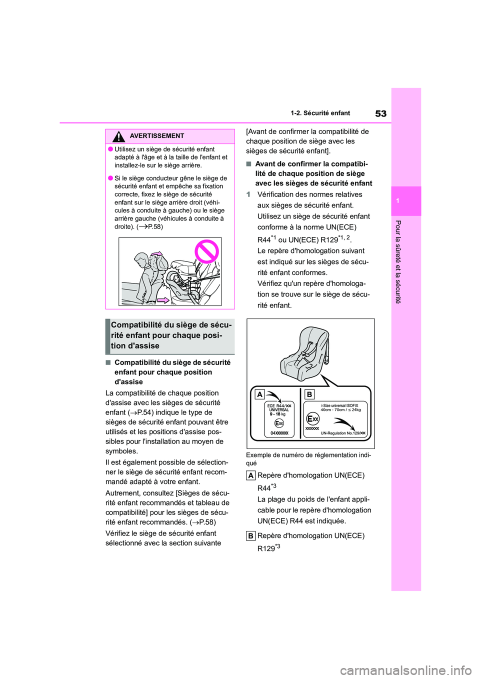 TOYOTA HIGHLANDER 2022 Manuel du propriétaire (in French) 53
1
1-2. Sécurité enfant
Pour la sûreté et la sécurité
■Compatibilité du siège de sécurité
enfant pour chaque position
dassise
La compatibilité de chaque position
dassise avec l TOYOTA HIGHLANDER 2022 Manuel du propriétaire (in French) 53
1
1-2. Sécurité enfant
Pour la sûreté et la sécurité
■Compatibilité du siège de sécurité
enfant pour chaque position
dassise
La compatibilité de chaque position
dassise avec l