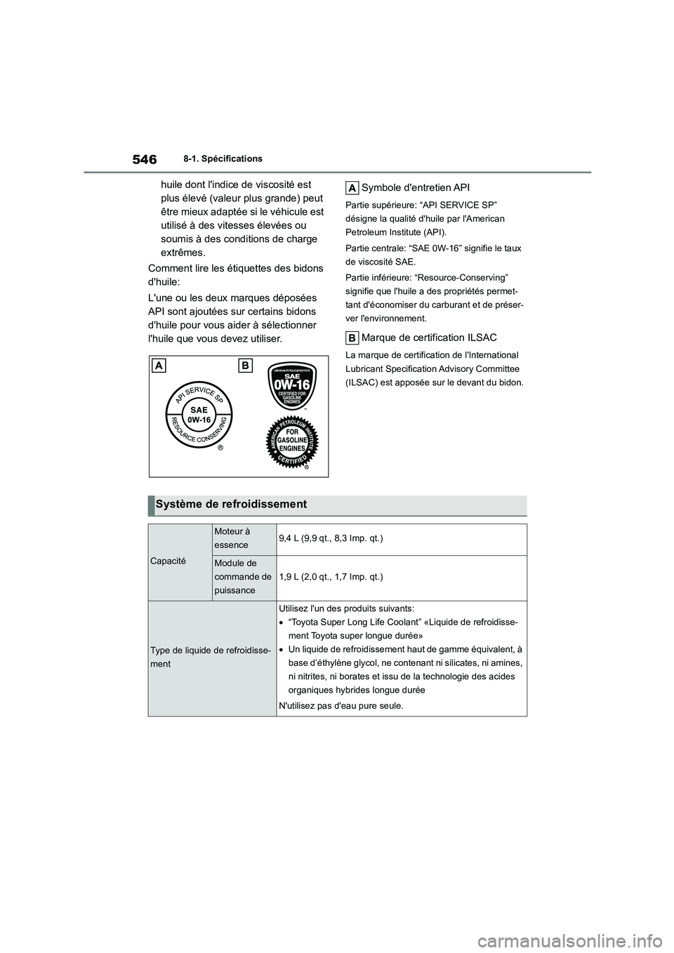 TOYOTA HIGHLANDER 2022 Manuel du propriétaire (in French) 5468-1. Spécifications
huile dont lindice de viscosité est
plus élevé (valeur plus grande) peut
être mieux adaptée si le véhicule est
utilisé à des vitesses élevées ou
soumis à des c TOYOTA HIGHLANDER 2022 Manuel du propriétaire (in French) 5468-1. Spécifications
huile dont lindice de viscosité est
plus élevé (valeur plus grande) peut
être mieux adaptée si le véhicule est
utilisé à des vitesses élevées ou
soumis à des c