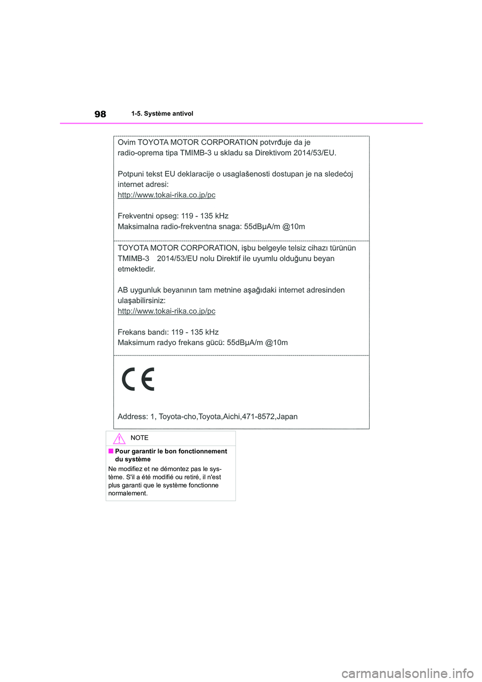TOYOTA HIGHLANDER 2022 Manuel du propriétaire (in French) 981-5. Système antivol
NOTE
■Pour garantir le bon fonctionnement du système
Ne modifiez et ne démontez pas le sys-
tème. Sil a été modifié ou retiré, il nest
plus garanti que le systè TOYOTA HIGHLANDER 2022 Manuel du propriétaire (in French) 981-5. Système antivol
NOTE
■Pour garantir le bon fonctionnement du système
Ne modifiez et ne démontez pas le sys-
tème. Sil a été modifié ou retiré, il nest
plus garanti que le systè