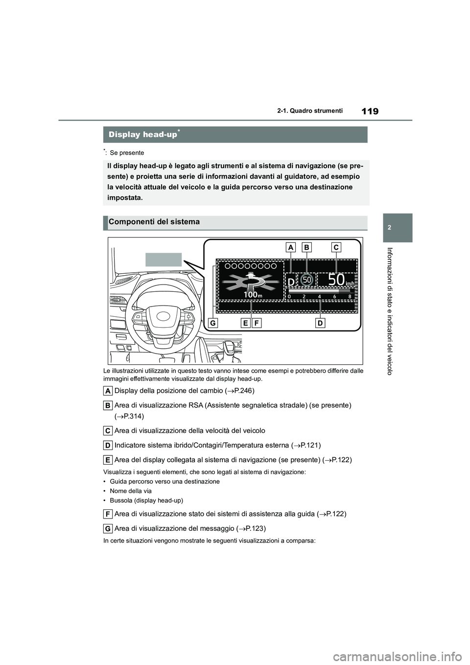 TOYOTA HIGHLANDER 2021  Manuale duso (in Italian) 119
2 
2-1. Quadro strumenti
Informazioni di stato e indicatori del veicolo
*: Se presente 
Le illustrazioni utilizzate in questo testo vanno  intese come esempi e potrebbero differire dalle  
immagin