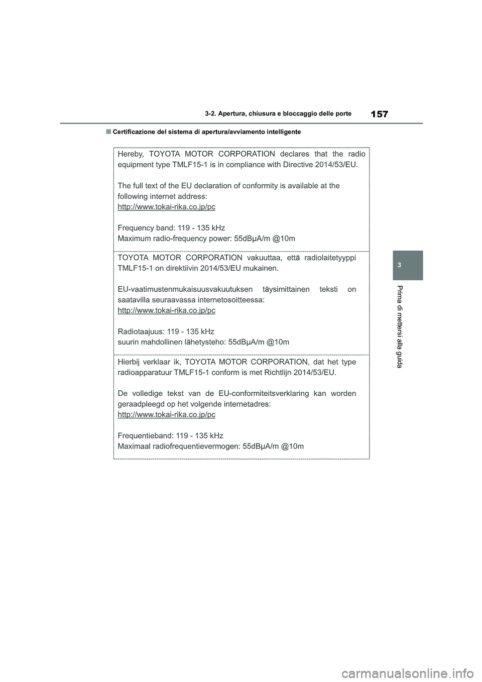 TOYOTA HIGHLANDER 2021 Manuale duso (in Italian) 157
3
3-2. Apertura, chiusura e bloccaggio delle porte
Prima di mettersi alla guida
■Certificazione del sistema di apertura/avviamento intelligente TOYOTA HIGHLANDER 2021 Manuale duso (in Italian) 157
3
3-2. Apertura, chiusura e bloccaggio delle porte
Prima di mettersi alla guida
■Certificazione del sistema di apertura/avviamento intelligente