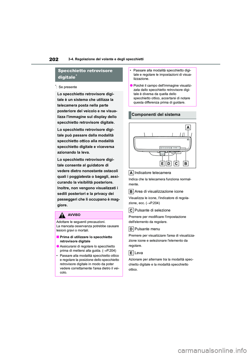TOYOTA HIGHLANDER 2021  Manuale duso (in Italian) 2023-4. Regolazione del volante e degli specchietti
*: Se presente
Indicatore telecamera
Indica che la telecamera funziona normal- 
mente.
Area di visualizzazione icone
Visualizza le icone,  lindicat