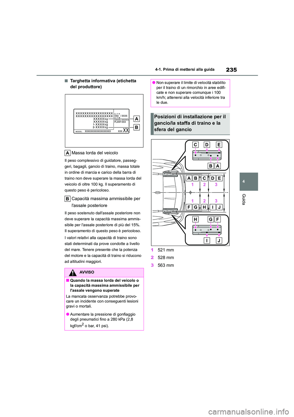 TOYOTA HIGHLANDER 2021  Manuale duso (in Italian) 235
4 
4-1. Prima di mettersi alla guida
Guida
■Targhetta informativa (etichetta  
del produttore) 
Massa lorda del veicolo
Il peso complessivo  di guidatore, passeg- 
geri, bagagli, gancio di train