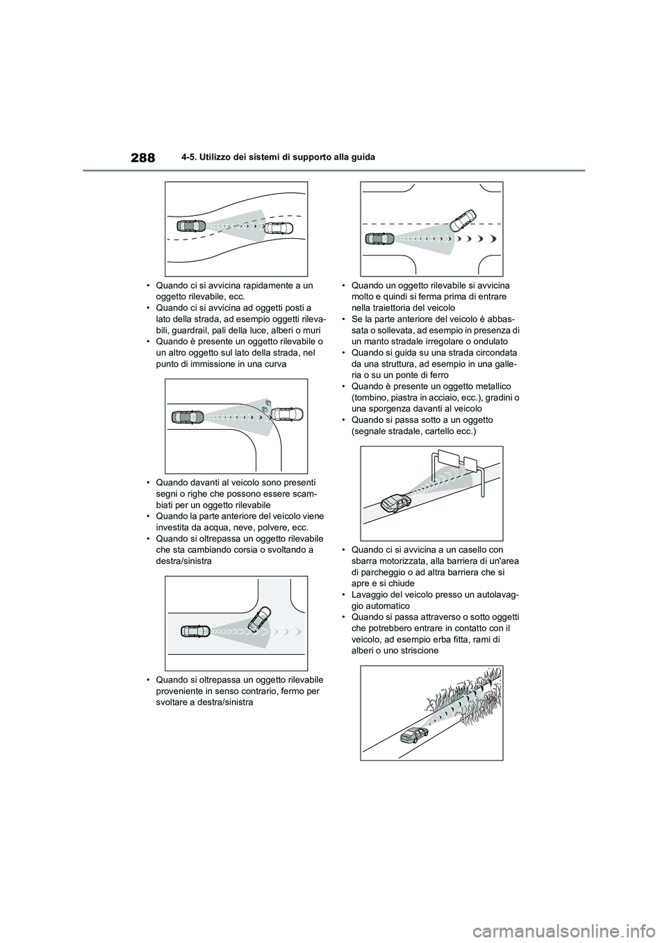 TOYOTA HIGHLANDER 2021  Manuale duso (in Italian) 2884-5. Utilizzo dei sistemi di supporto alla guida 
• Quando ci si avvicina rapidamente a un  oggetto rilevabile, ecc. 
• Quando ci si avvicina ad oggetti posti a 
lato della strada, ad esempio o