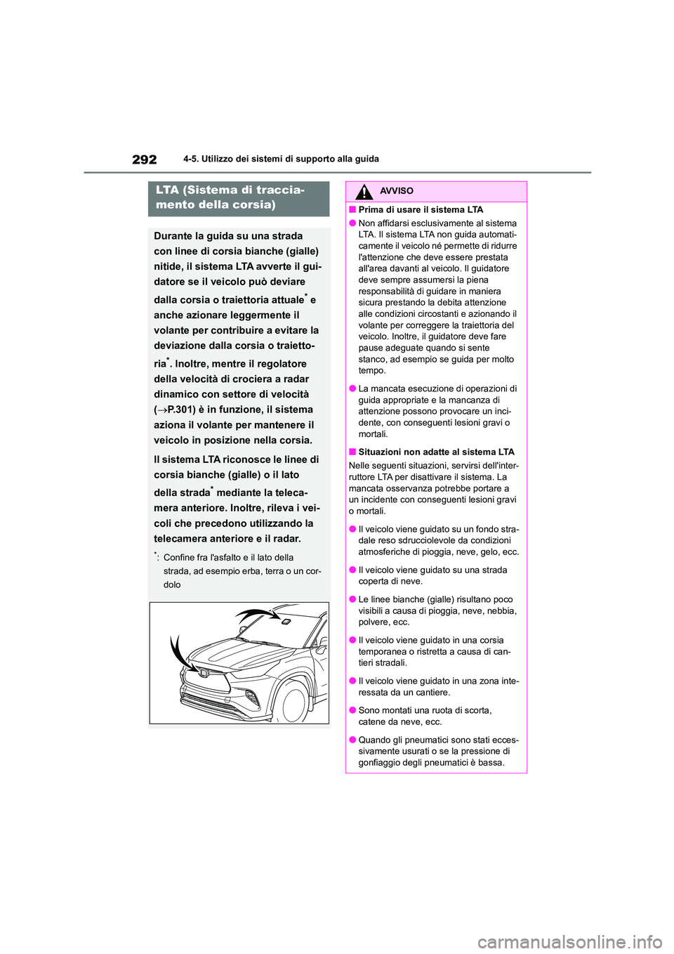 TOYOTA HIGHLANDER 2021 Manuale duso (in Italian) 2924-5. Utilizzo dei sistemi di supporto alla guida
LTA (Sistema di traccia-
mento della corsia)
Durante la guida su una strada
con linee di corsia bianche (gialle)
nitide, il sistema LTA avverte TOYOTA HIGHLANDER 2021 Manuale duso (in Italian) 2924-5. Utilizzo dei sistemi di supporto alla guida
LTA (Sistema di traccia-
mento della corsia)
Durante la guida su una strada
con linee di corsia bianche (gialle)
nitide, il sistema LTA avverte