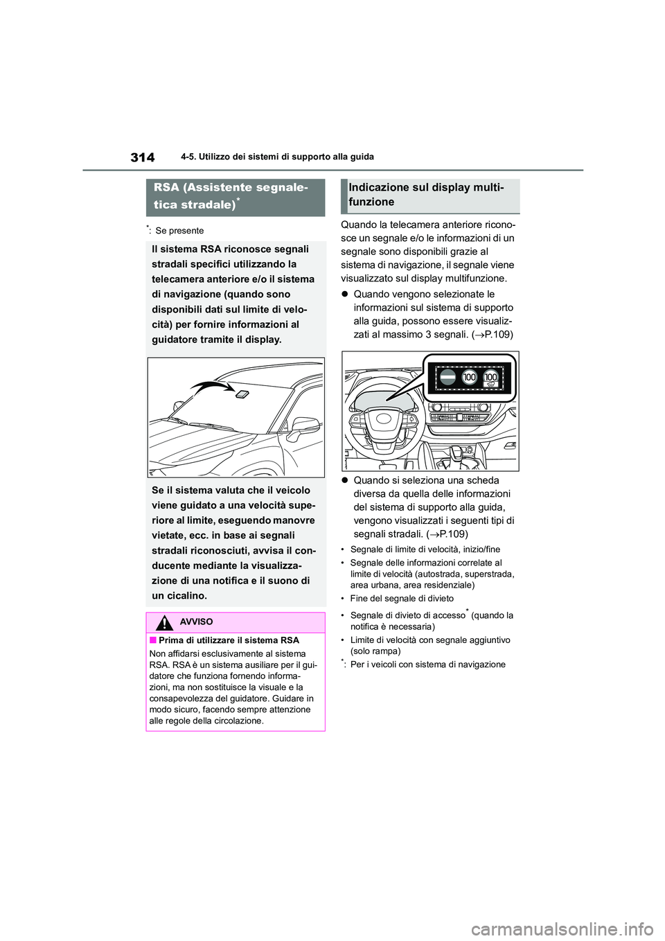 TOYOTA HIGHLANDER 2021  Manuale duso (in Italian) 3144-5. Utilizzo dei sistemi di supporto alla guida
*: Se presenteQuando la telecamera anteriore ricono- 
sce un segnale e/o le informazioni di un 
segnale sono disponibili grazie al 
sistema di navig