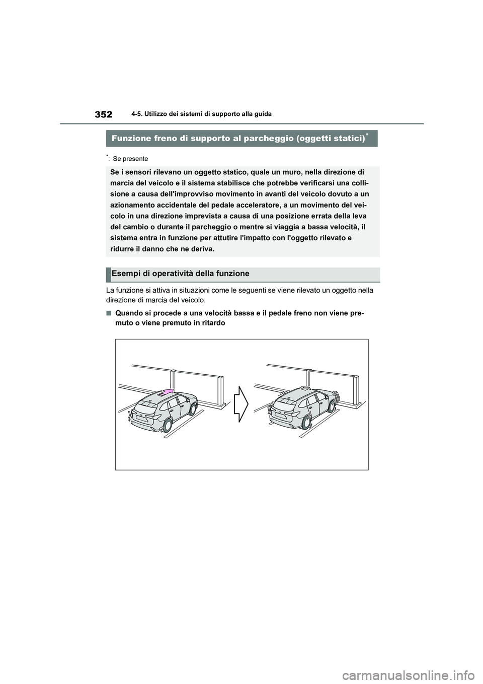 TOYOTA HIGHLANDER 2021  Manuale duso (in Italian) 3524-5. Utilizzo dei sistemi di supporto alla guida
*: Se presente
La funzione si attiva in situazioni come le seguenti se viene rilevato un oggetto nella  
direzione di marcia del veicolo.
■Quando 