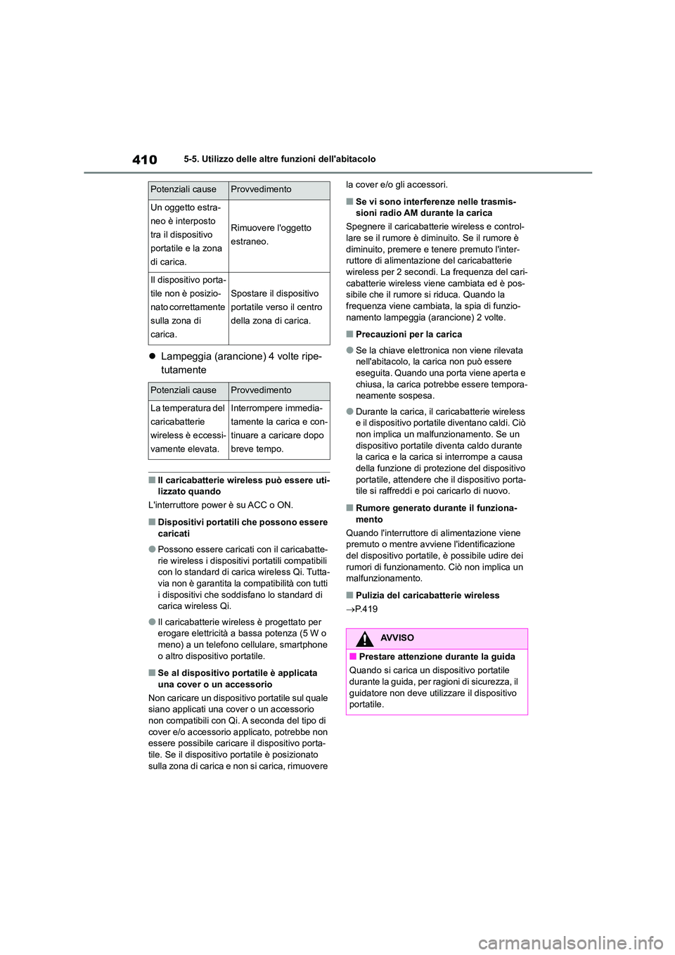 TOYOTA HIGHLANDER 2021  Manuale duso (in Italian) 4105-5. Utilizzo delle altre funzioni dellabitacolo
Lampeggia (arancione) 4 volte ripe- 
tutamente
■Il caricabatterie wireless può essere uti- lizzato quando 
Linterruttore power è su ACC o O