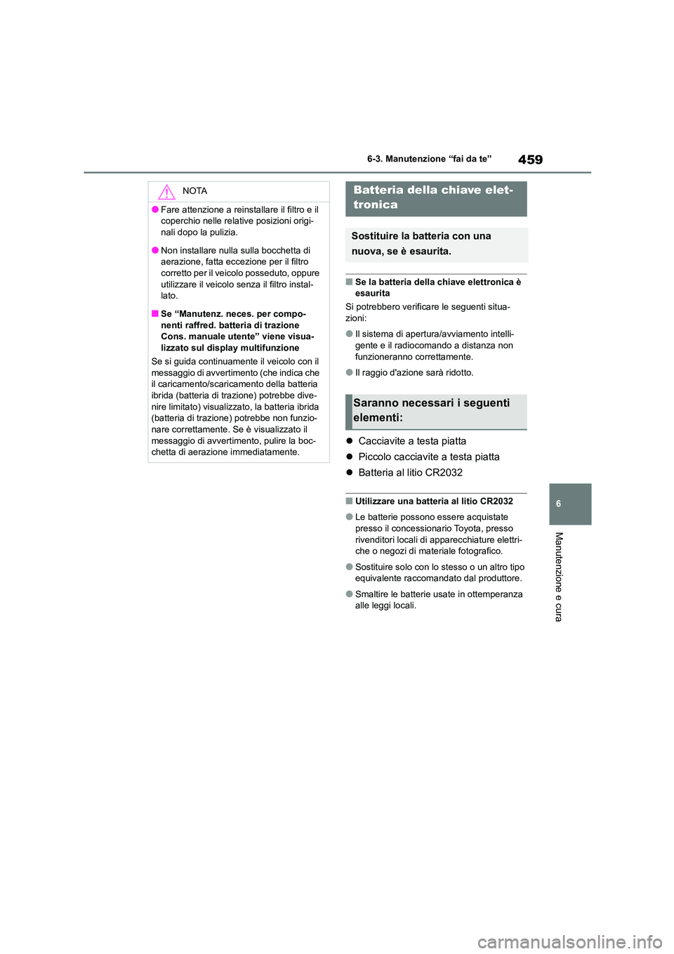 TOYOTA HIGHLANDER 2022  Manuale duso (in Italian) 459
6 
6-3. Manutenzione “fai da te”
Manutenzione e cura
■Se la batteria della chiave elettronica è  
esaurita 
Si potrebbero verificare le seguenti situa- 
zioni:
●Il sistema di apertura/avv