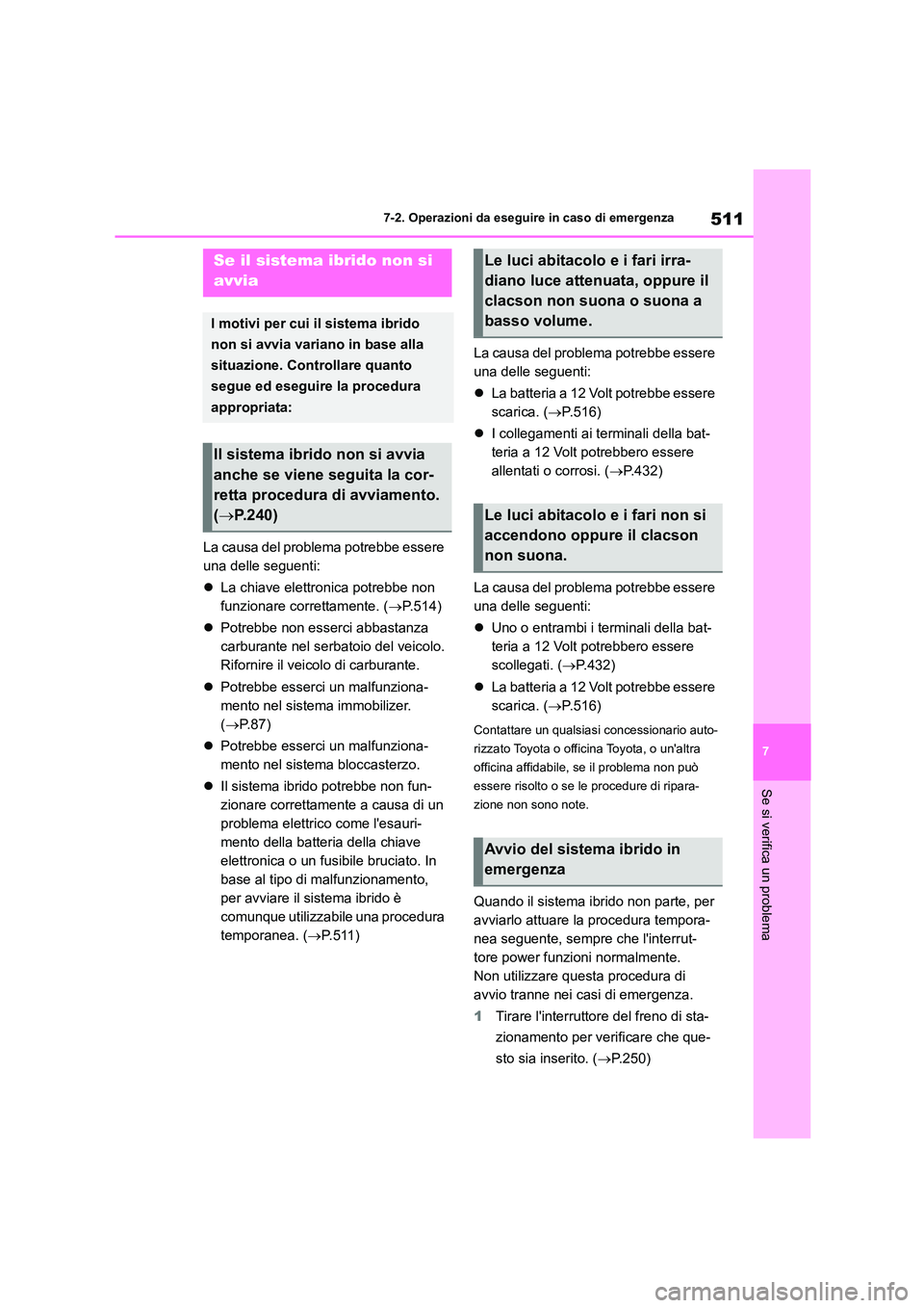 TOYOTA HIGHLANDER 2021  Manuale duso (in Italian) 511
7 
7-2. Operazioni da eseguire in caso di emergenza
Se si verifica un problema
La causa del problema potrebbe essere  
una delle seguenti: 
 La chiave elettronica potrebbe non  
funzionare corr