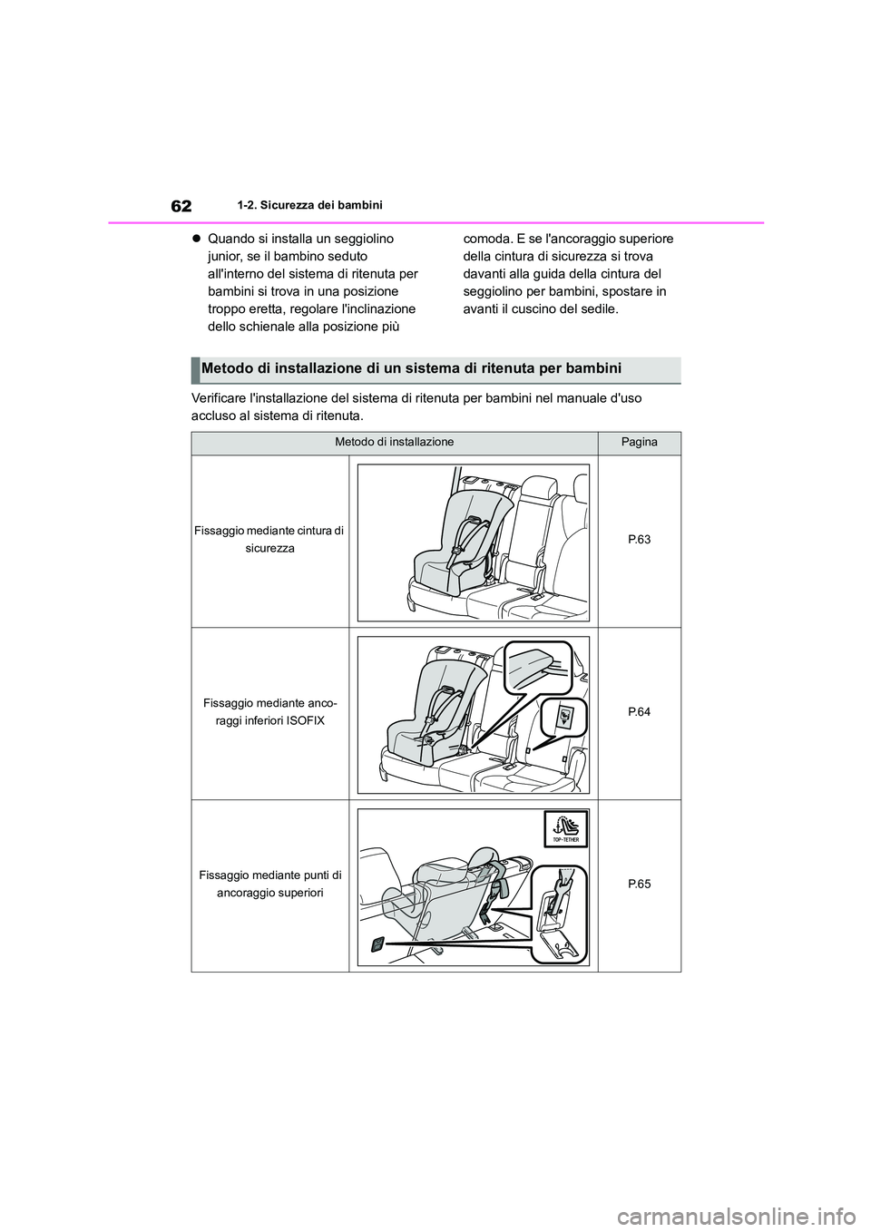 TOYOTA HIGHLANDER 2021  Manuale duso (in Italian) 621-2. Sicurezza dei bambini
Quando si installa un seggiolino  
junior, se il bambino seduto 
allinterno del sistema di ritenuta per 
bambini si trova in una posizione 
troppo eretta, regolare li