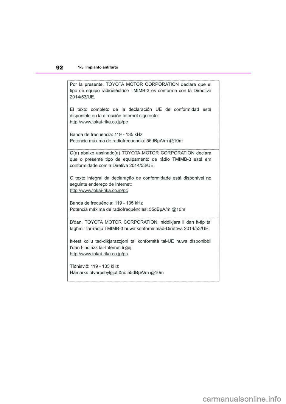 TOYOTA HIGHLANDER 2021  Manuale duso (in Italian) 921-5. Impianto antifurto 