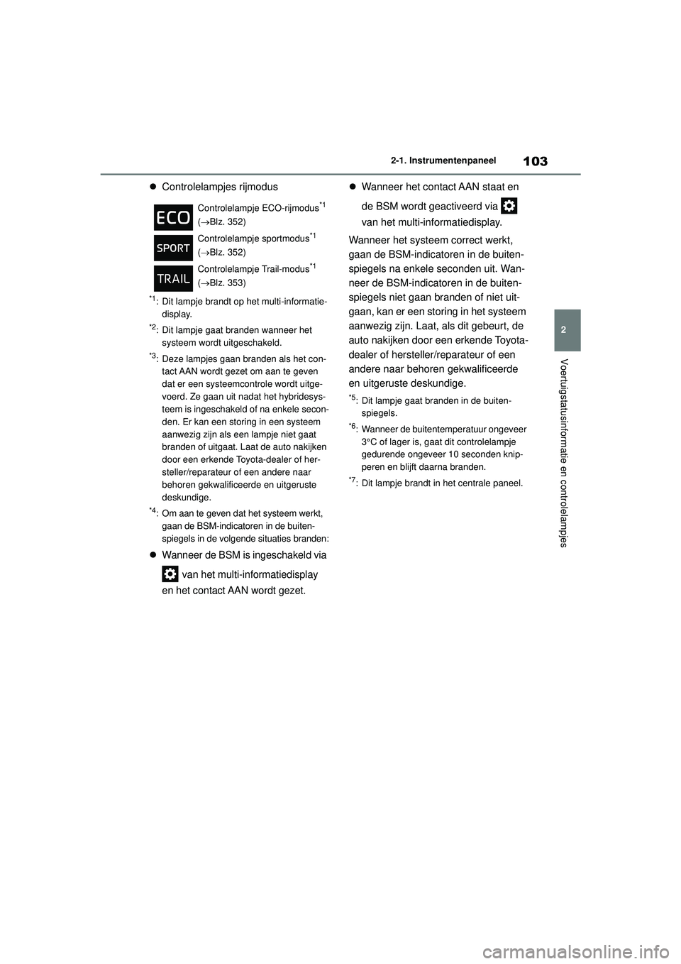TOYOTA HIGHLANDER 2021 Instructieboekje (in Dutch) 103
2
2-1. Instrumentenpaneel
Voertuigstatusinformatie en controlelampjes
Controlelampjes rijmodus
*1: Dit lampje brandt op het multi-informatie-
display.
*2: Dit lampje gaat branden wanneer het s TOYOTA HIGHLANDER 2021 Instructieboekje (in Dutch) 103
2
2-1. Instrumentenpaneel
Voertuigstatusinformatie en controlelampjes
Controlelampjes rijmodus
*1: Dit lampje brandt op het multi-informatie-
display.
*2: Dit lampje gaat branden wanneer het s