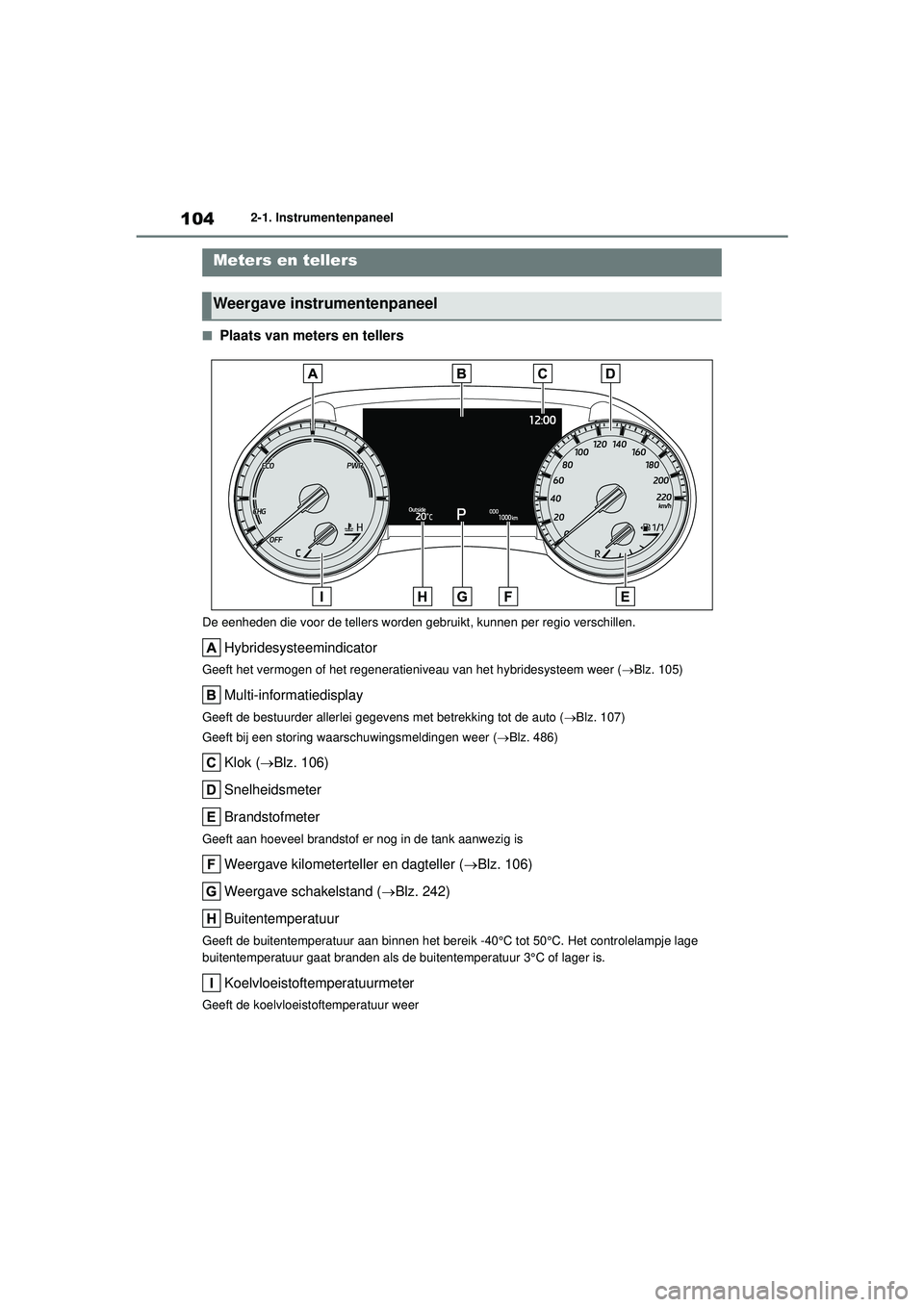 TOYOTA HIGHLANDER 2021 Instructieboekje (in Dutch) 1042-1. Instrumentenpaneel
■Plaats van meters en tellers
De eenheden die voor de tellers worden gebruikt, kunnen per regio verschillen.
Hybridesysteemindicator
Geeft het vermogen of het regeneratien TOYOTA HIGHLANDER 2021 Instructieboekje (in Dutch) 1042-1. Instrumentenpaneel
■Plaats van meters en tellers
De eenheden die voor de tellers worden gebruikt, kunnen per regio verschillen.
Hybridesysteemindicator
Geeft het vermogen of het regeneratien