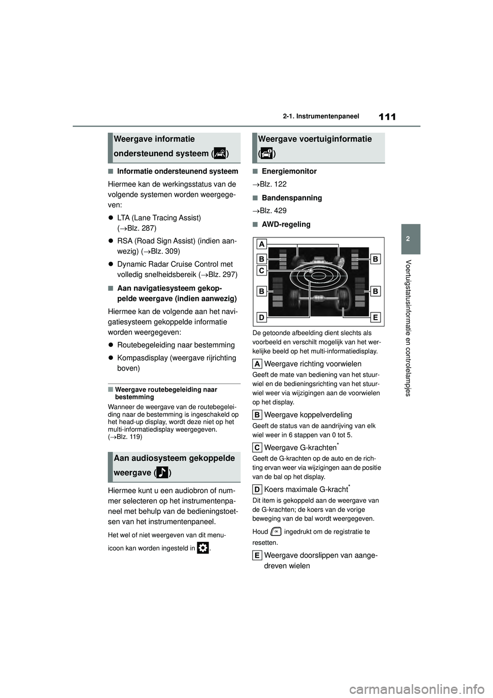 TOYOTA HIGHLANDER 2022  Instructieboekje (in Dutch) 111
2
2-1. Instrumentenpaneel
Voertuigstatusinformatie en controlelampjes
■Informatie ondersteunend systeem
Hiermee kan de werkingsstatus van de 
volgende systemen 
worden weergege-
ven:
 LTA (La