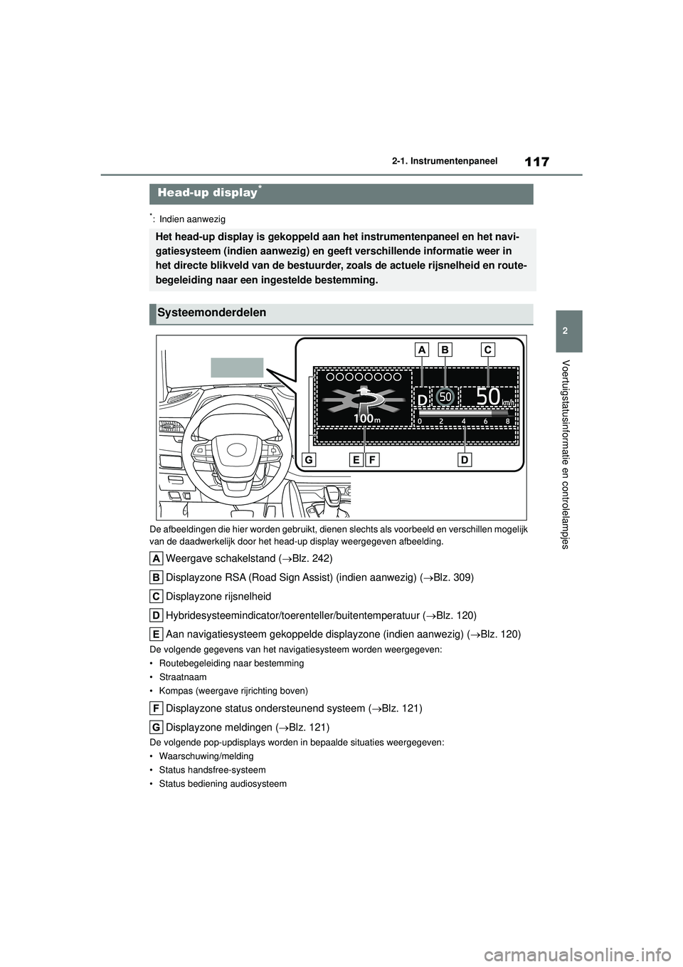 TOYOTA HIGHLANDER 2021 Instructieboekje (in Dutch) 117
2
2-1. Instrumentenpaneel
Voertuigstatusinformatie en controlelampjes
*: Indien aanwezig
De afbeeldingen die hier worden gebruikt, dienen slechts als voorbeeld en verschillen mogelijk
van de daa TOYOTA HIGHLANDER 2021 Instructieboekje (in Dutch) 117
2
2-1. Instrumentenpaneel
Voertuigstatusinformatie en controlelampjes
*: Indien aanwezig
De afbeeldingen die hier worden gebruikt, dienen slechts als voorbeeld en verschillen mogelijk
van de daa