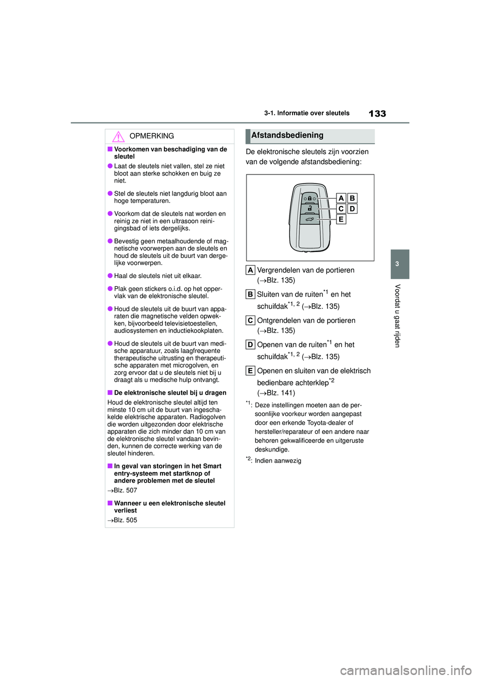TOYOTA HIGHLANDER 2021 Instructieboekje (in Dutch) 133
3
3-1. Informatie over sleutels
Voordat u gaat rijden
De elektronische sleu
tels zijn voorzien
van de volgende afstandsbediening:
Vergrendelen van de portieren
(Blz. 135)
Sluiten van de ruite TOYOTA HIGHLANDER 2021 Instructieboekje (in Dutch) 133
3
3-1. Informatie over sleutels
Voordat u gaat rijden
De elektronische sleu
tels zijn voorzien
van de volgende afstandsbediening:
Vergrendelen van de portieren
(Blz. 135)
Sluiten van de ruite