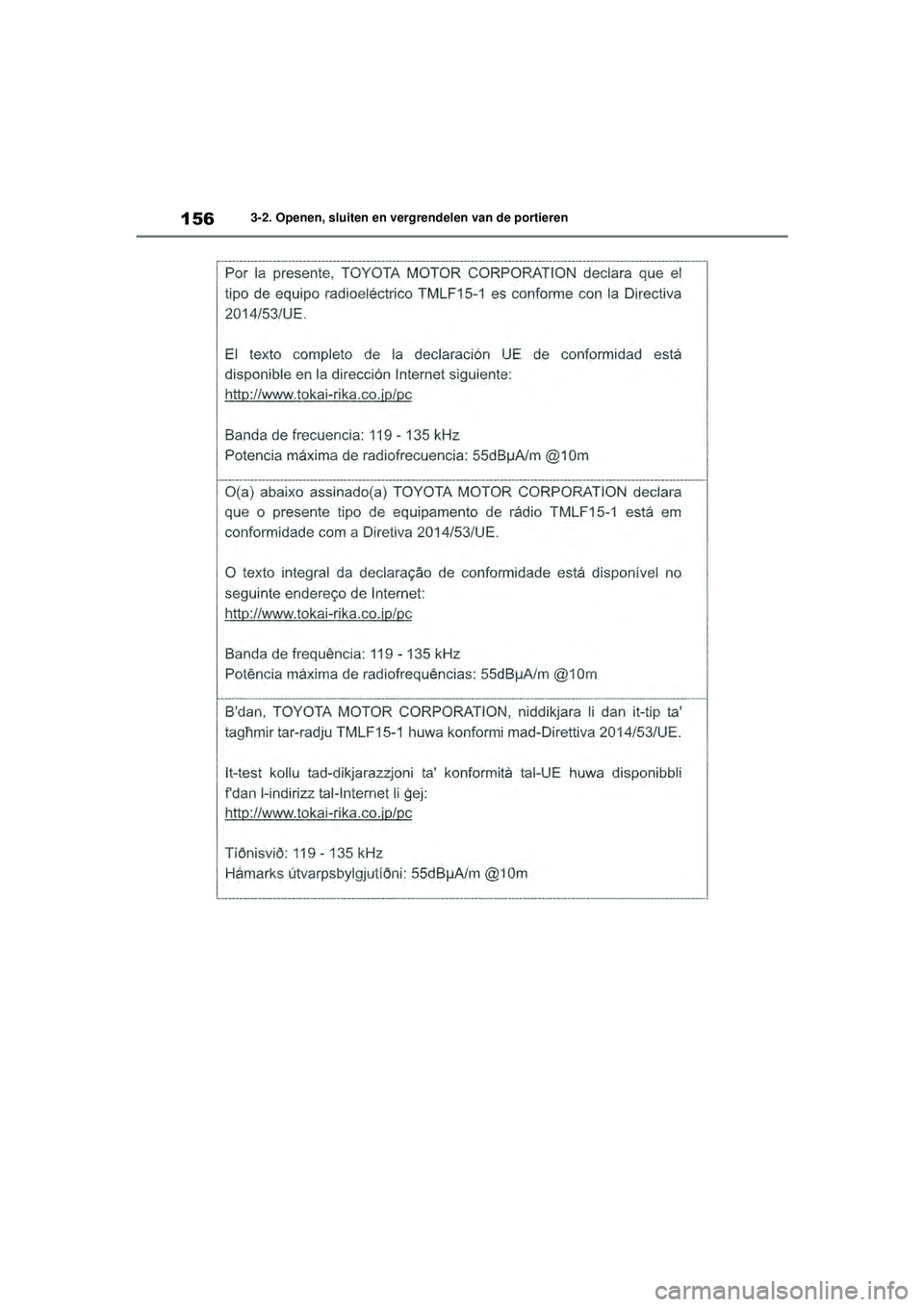 TOYOTA HIGHLANDER 2021 Instructieboekje (in Dutch) 1563-2. Openen, sluiten en vergrendelen van de portieren
Highlander-Hybrid_OM_Europe_OM48M30E_1_2110.book Page 156 Wednesday, August 4, 2021 2:39 PM TOYOTA HIGHLANDER 2021 Instructieboekje (in Dutch) 1563-2. Openen, sluiten en vergrendelen van de portieren
Highlander-Hybrid_OM_Europe_OM48M30E_1_2110.book Page 156 Wednesday, August 4, 2021 2:39 PM
