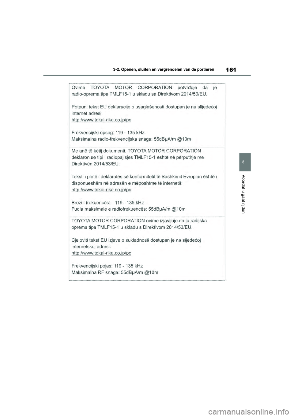 TOYOTA HIGHLANDER 2021  Instructieboekje (in Dutch) 161
3
3-2. Openen, sluiten en vergrendelen van de portieren
Voordat u gaat rijden
Highlander-Hybrid_OM_Europe_OM48M
30E_1_2110.book  Page 161  Wednesday, August 4, 2021  2:39 PM 
