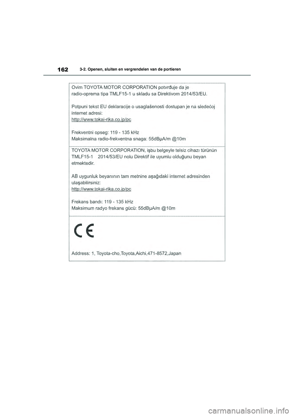 TOYOTA HIGHLANDER 2021  Instructieboekje (in Dutch) 1623-2. Openen, sluiten en vergrendelen van de portieren
Highlander-Hybrid_OM_Europe_OM48M30E_1_2110.book  Page 162  Wednesday, August 4, 2021  2:39 PM 