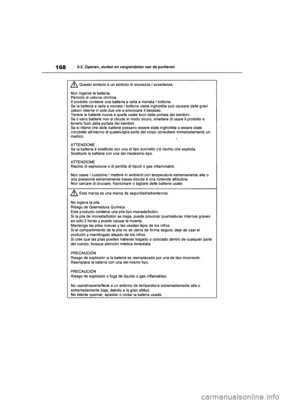 TOYOTA HIGHLANDER 2021  Instructieboekje (in Dutch) 1683-2. Openen, sluiten en vergrendelen van de portieren
Highlander-Hybrid_OM_Europe_OM48M30E_1_2110.book  Page 168  Wednesday, August 4, 2021  2:39 PM 