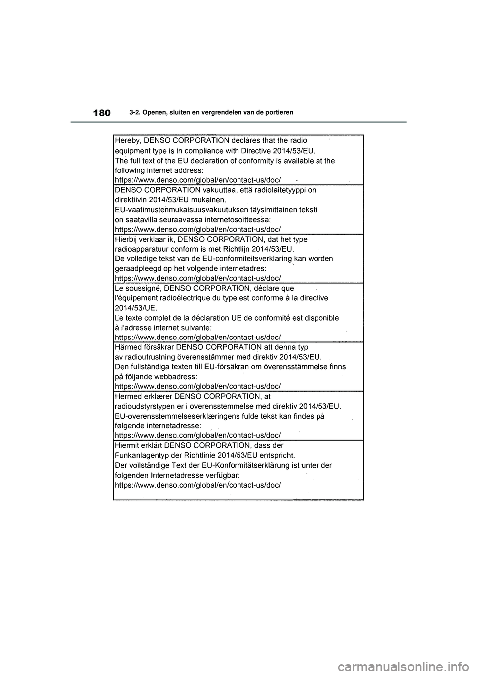 TOYOTA HIGHLANDER 2021  Instructieboekje (in Dutch) 1803-2. Openen, sluiten en vergrendelen van de portieren
Highlander-Hybrid_OM_Europe_OM48M30E_1_2110.book  Page 180  Wednesday, August 4, 2021  2:39 PM 