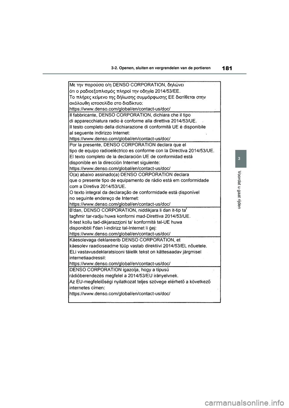 TOYOTA HIGHLANDER 2021  Instructieboekje (in Dutch) 181
3
3-2. Openen, sluiten en vergrendelen van de portieren
Voordat u gaat rijden
Highlander-Hybrid_OM_Europe_OM48M
30E_1_2110.book  Page 181  Wednesday, August 4, 2021  2:39 PM 