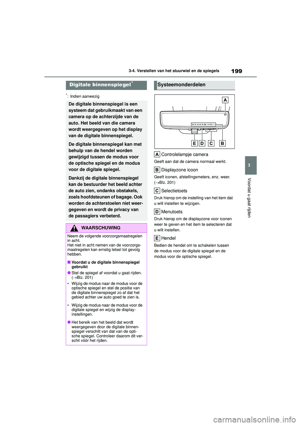 TOYOTA HIGHLANDER 2021 Instructieboekje (in Dutch) 199
3
3-4. Verstellen van het stuurwiel en de spiegels
Voordat u gaat rijden
*: Indien aanwezig
Controlelampje camera
Geeft aan dat de camera normaal werkt.
Displayzone icoon
Geeft iconen, afstellings TOYOTA HIGHLANDER 2021 Instructieboekje (in Dutch) 199
3
3-4. Verstellen van het stuurwiel en de spiegels
Voordat u gaat rijden
*: Indien aanwezig
Controlelampje camera
Geeft aan dat de camera normaal werkt.
Displayzone icoon
Geeft iconen, afstellings