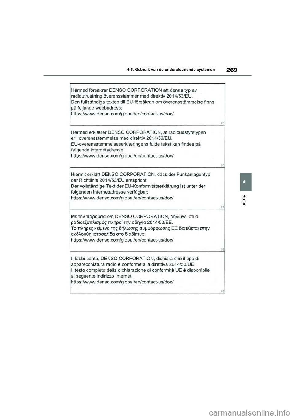 TOYOTA HIGHLANDER 2021 Instructieboekje (in Dutch) 269
4
4-5. Gebruik van de ondersteunende systemen
Rijden
Highlander-Hybrid_OM_Europe_OM48M
30E_1_2110.book Page 269 Wednesday, August 4, 2021 2:39 PM TOYOTA HIGHLANDER 2021 Instructieboekje (in Dutch) 269
4
4-5. Gebruik van de ondersteunende systemen
Rijden
Highlander-Hybrid_OM_Europe_OM48M
30E_1_2110.book Page 269 Wednesday, August 4, 2021 2:39 PM