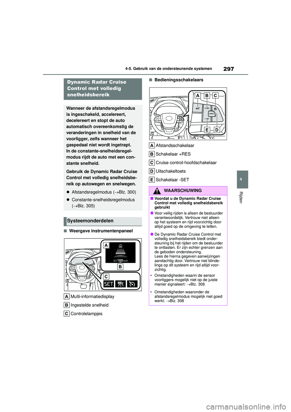 TOYOTA HIGHLANDER 2022 Instructieboekje (in Dutch) 297
4
4-5. Gebruik van de ondersteunende systemen
Rijden
■Weergave instrumentenpaneel
Multi-informatiedisplay
Ingestelde snelheid
Controlelampjes
■BedieningsschakelaarsAfstandsschakelaar
Schakelaa TOYOTA HIGHLANDER 2022 Instructieboekje (in Dutch) 297
4
4-5. Gebruik van de ondersteunende systemen
Rijden
■Weergave instrumentenpaneel
Multi-informatiedisplay
Ingestelde snelheid
Controlelampjes
■BedieningsschakelaarsAfstandsschakelaar
Schakelaa