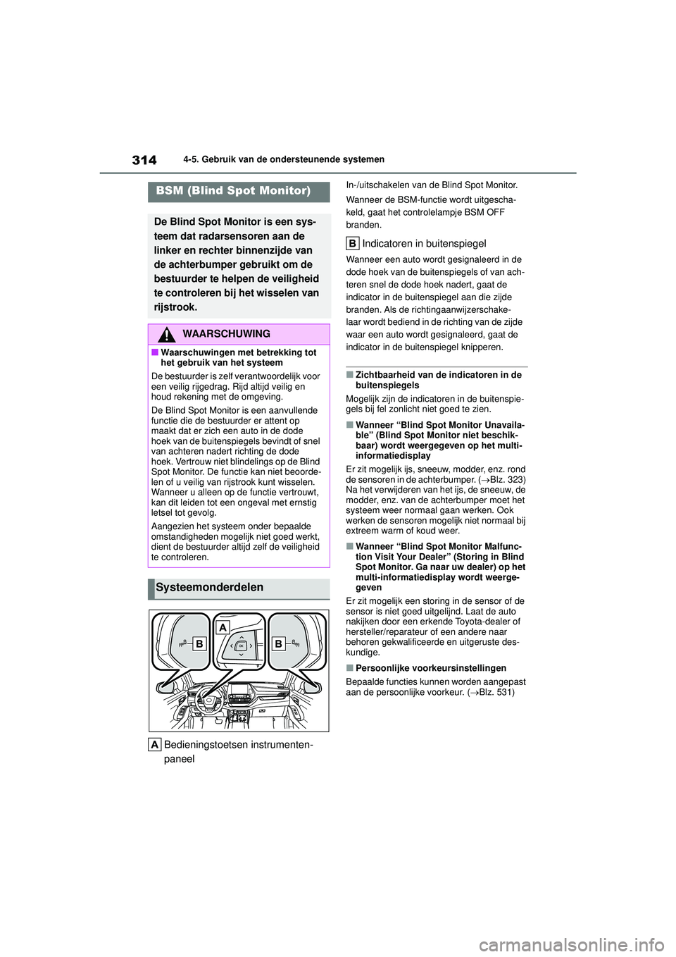 TOYOTA HIGHLANDER 2021 Instructieboekje (in Dutch) 3144-5. Gebruik van de ondersteunende systemen
Bedieningstoetsen instrumenten-
paneel
In-/uitschakelen van de Blind Spot Monitor.
Wanneer de BSM-functie wordt uitgescha-
keld, gaat het controlelampje TOYOTA HIGHLANDER 2021 Instructieboekje (in Dutch) 3144-5. Gebruik van de ondersteunende systemen
Bedieningstoetsen instrumenten-
paneel
In-/uitschakelen van de Blind Spot Monitor.
Wanneer de BSM-functie wordt uitgescha-
keld, gaat het controlelampje